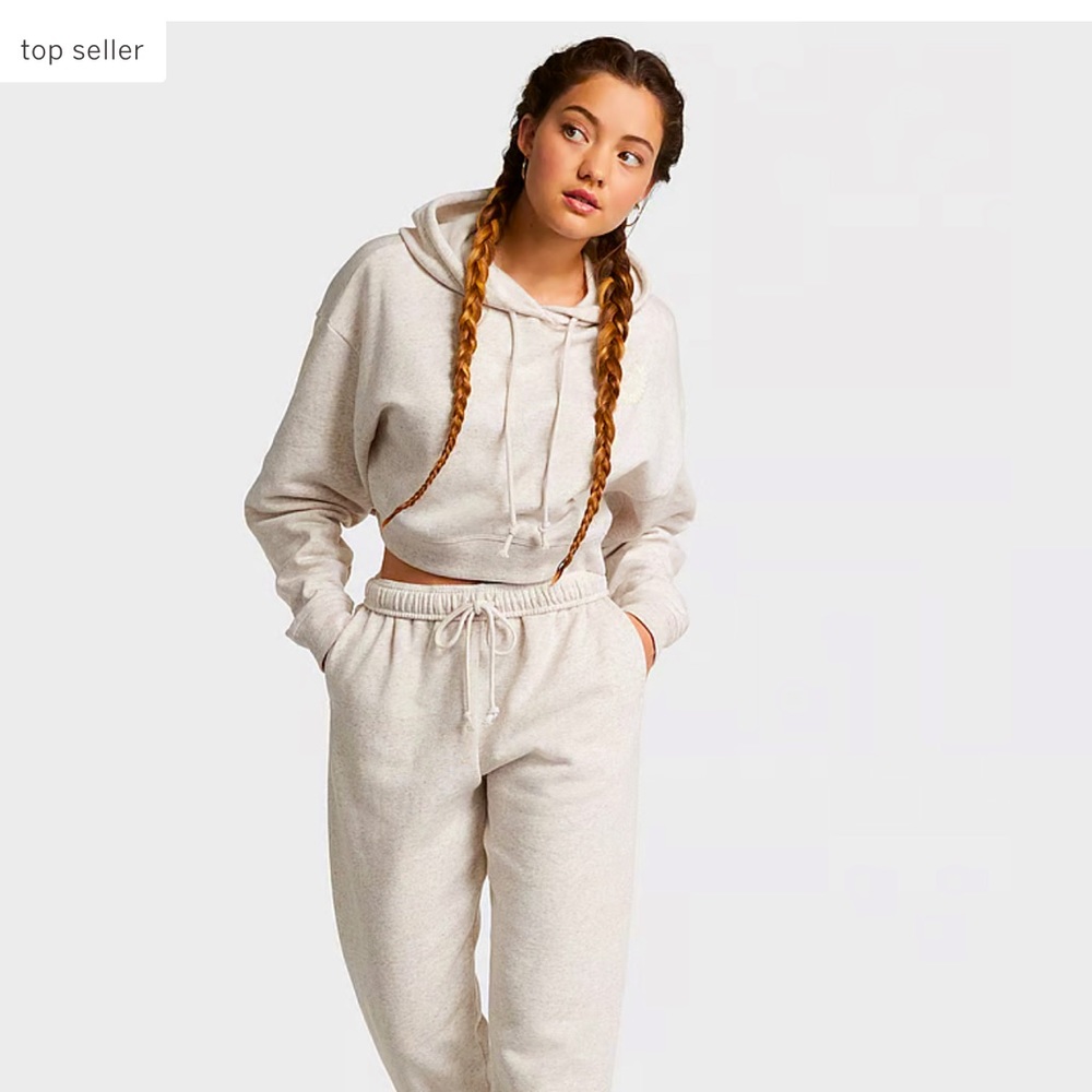 PINk VS fleece set crop hoodie L gym pant M beige